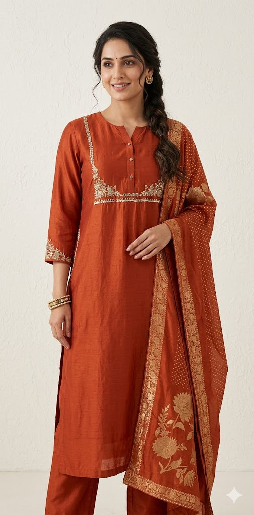 Orange chanderi silk kurti with handwork, bottom and banarsi dupatta