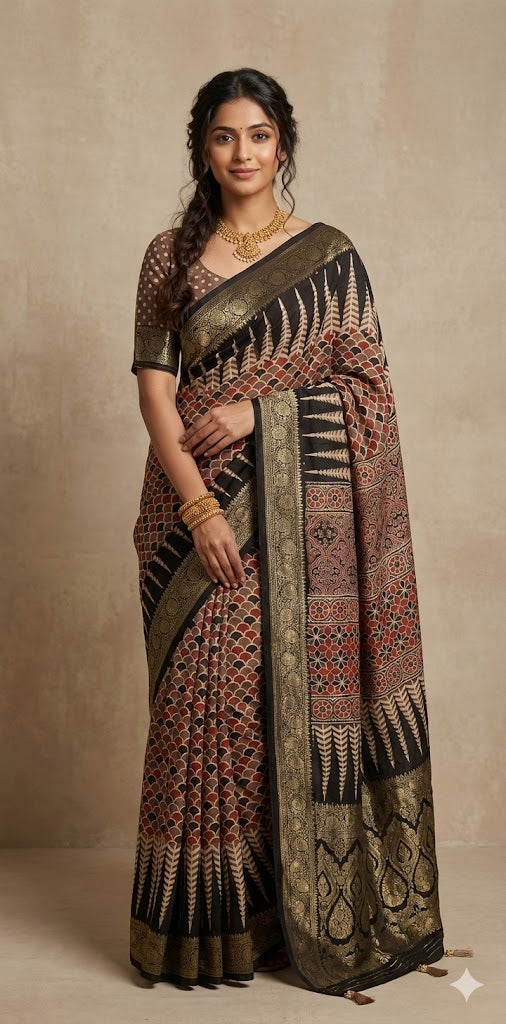 Ajrakh hand block printed premium dola silk saree with stitched blouse