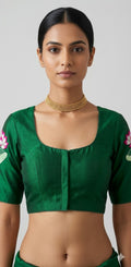 Bottle green silk blouse with lottus embroidery