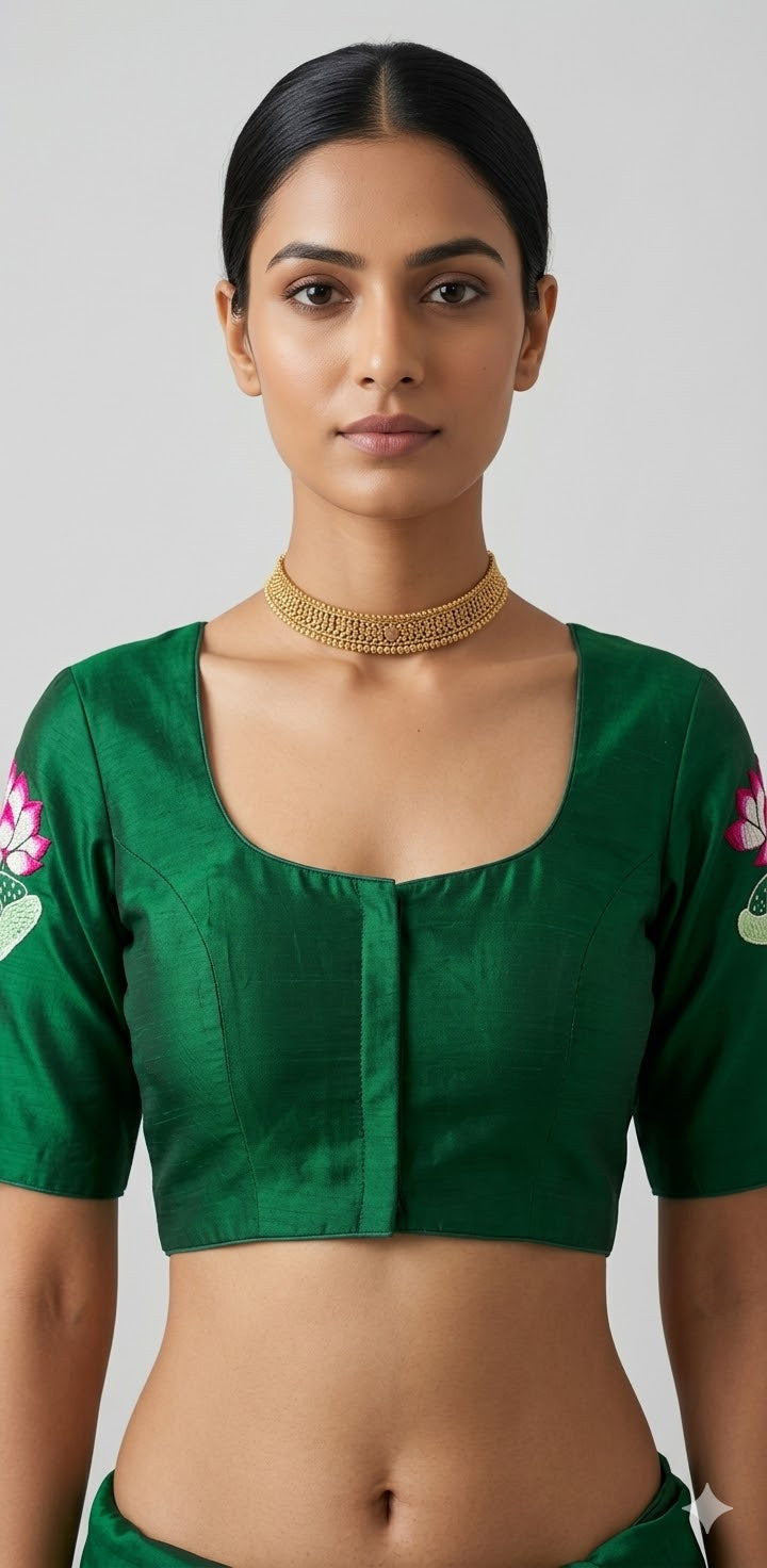 Bottle green silk blouse with lottus embroidery