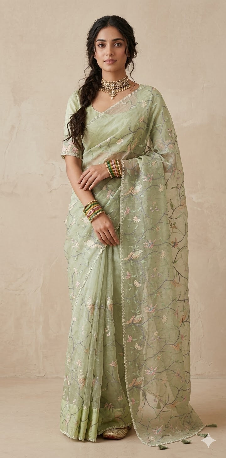 Light green glass organza with stitched blouse