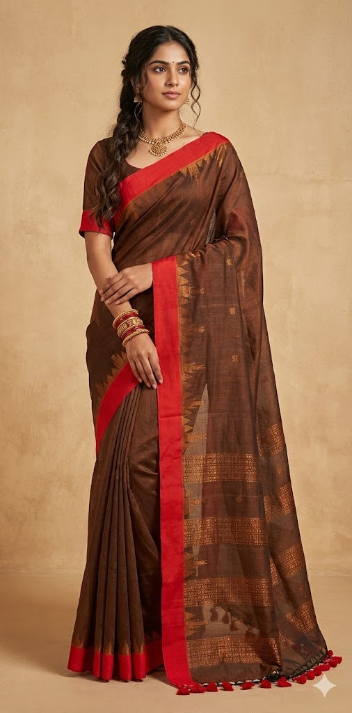 Handloom cotton saree with temple border and stitched blouse