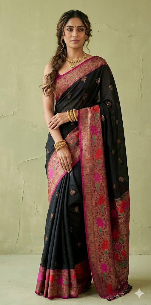 Pure Dupion silk Black saree with muniya border and stitched blouse
