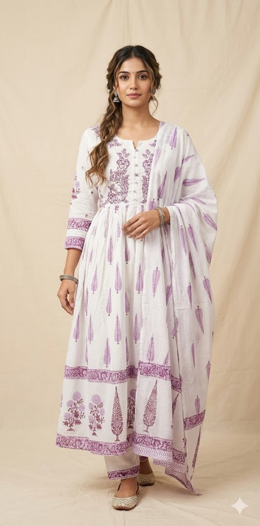 White mulcotton flared anarkali with bottom and dupatta