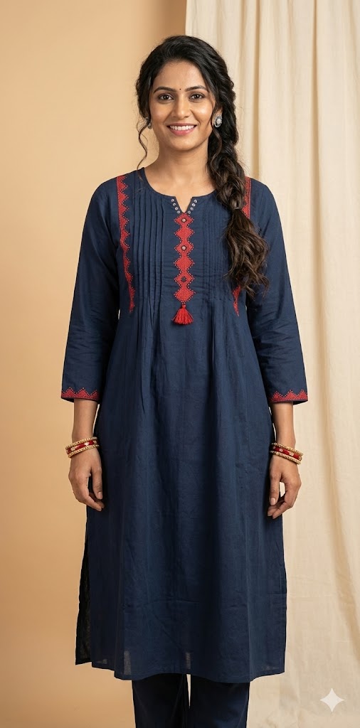 Navy blue cotton kurti with mirror and handwork, and bottom