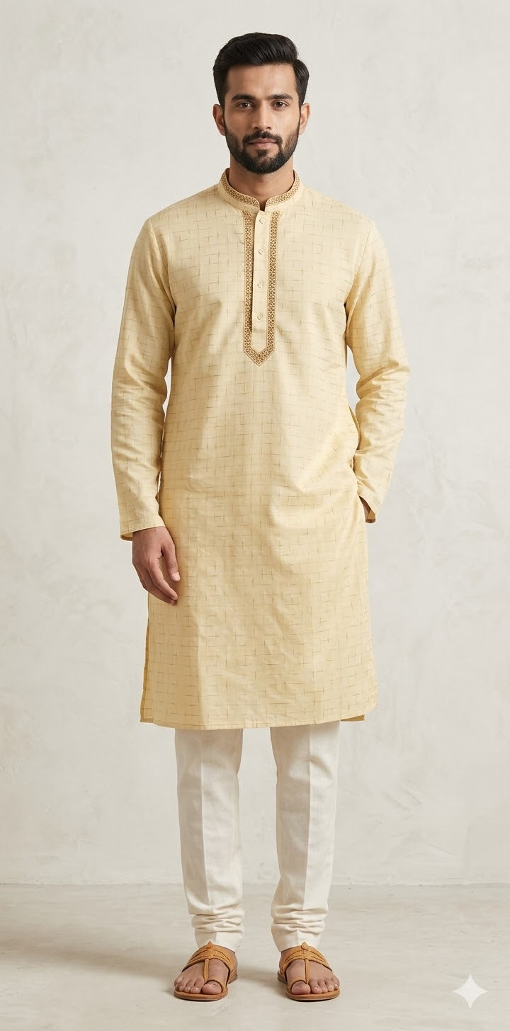 Light yellow cotton silk kurta with hand embroidery - 40