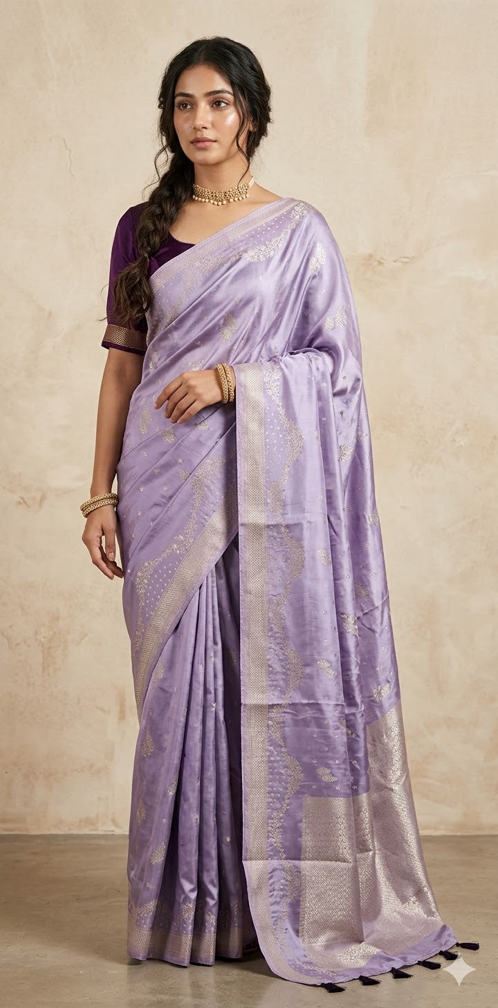 Lilac and purple combo satin silk saree with stitched blouse