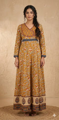 Mustard yellow long dress with kalamkari print