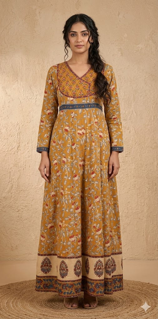Mustard yellow long dress with kalamkari print