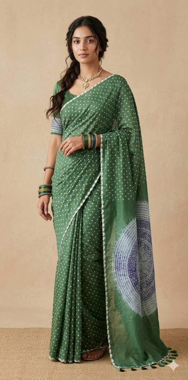Pure chanderi silk saree with Bandhini and shibori work, stitched blouse