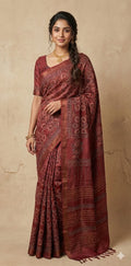 Pure tussar silk saree with Ajrakh hand block printed and high lighted with kanta work and stitched blouse