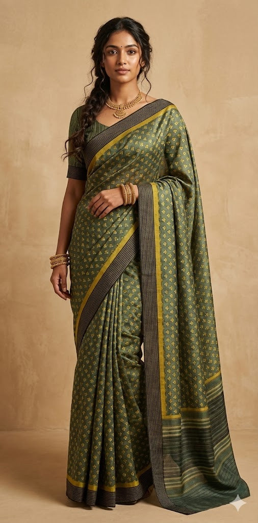 Printed blended tussar silk saree with stitched blouse