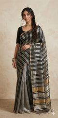 Black gold and silver chanderi silk saree stitched blouse