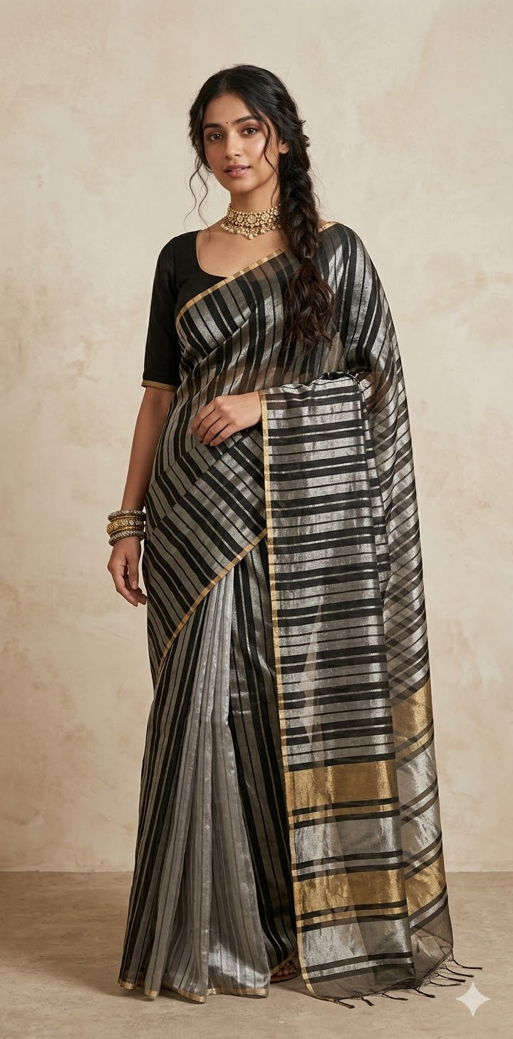 Black gold and silver chanderi silk saree stitched blouse