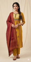 Mustard yellow ajrak hand block printed kurti with real mirror work, bottom and dupatta