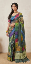 Olive green modal silk with bandhini and shibori work, stitched blouse