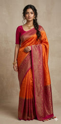 Pure raw silk saree with banarsi border saree with stitched blouse