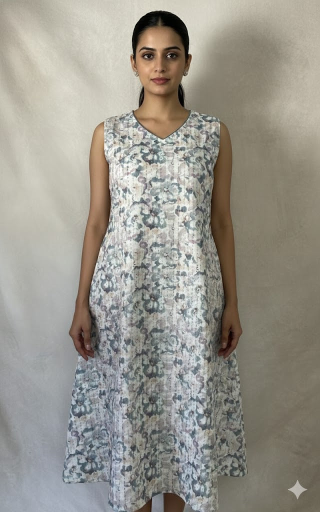 Off white printed linen dress