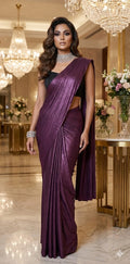 Ready made pre pleated Light eggplant crushed tissue crepe saree