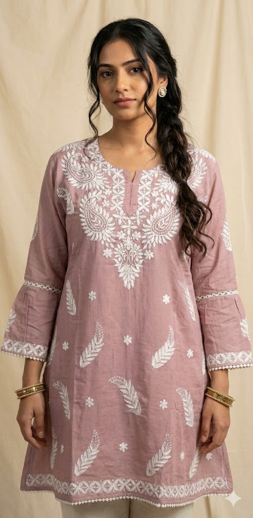 Dusty Pink kurti with white embroidery , palazzo pants and dupatta