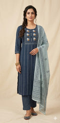 Navy blue cotton kurti with handwork, bottom and dupatta