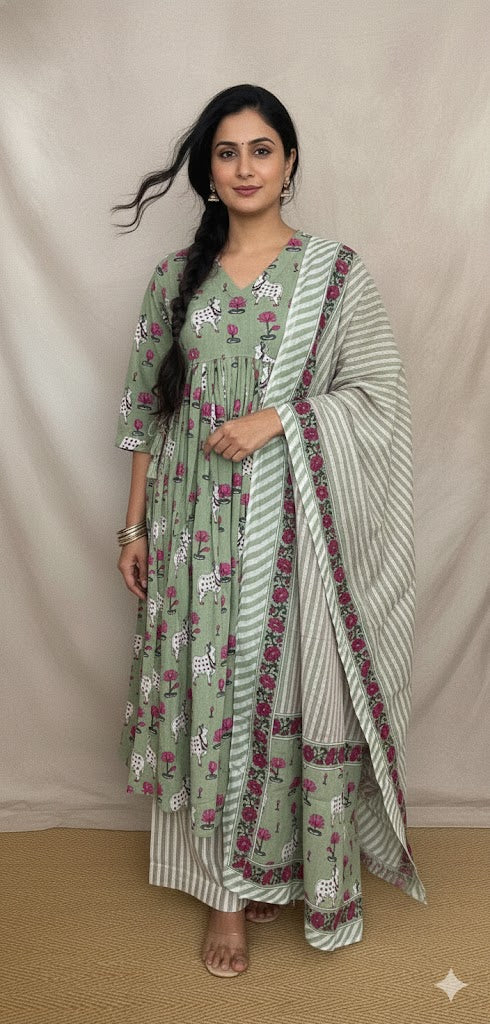 Light green cotton kurti with pitchwai print, bottom and dupatta