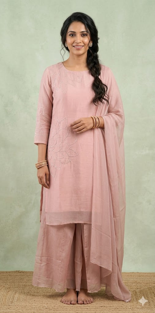 Blush pink kurti with palazzo and dupatta