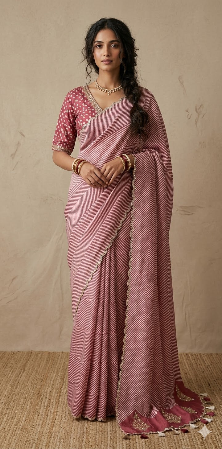 Lahariya printed tussar silk saree with handwork , stitched blouse
