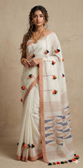 Off white handloom pompom saree, with BP