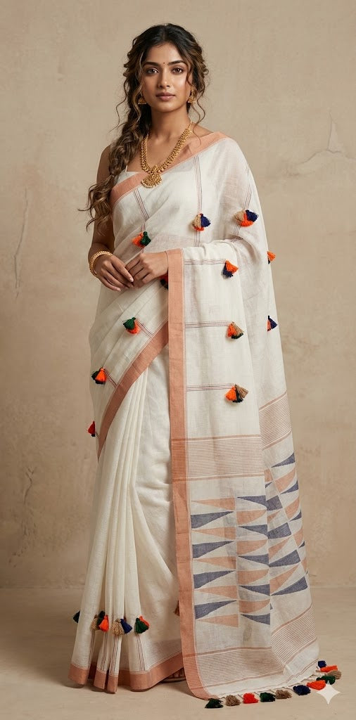 Off white handloom pompom saree, with BP