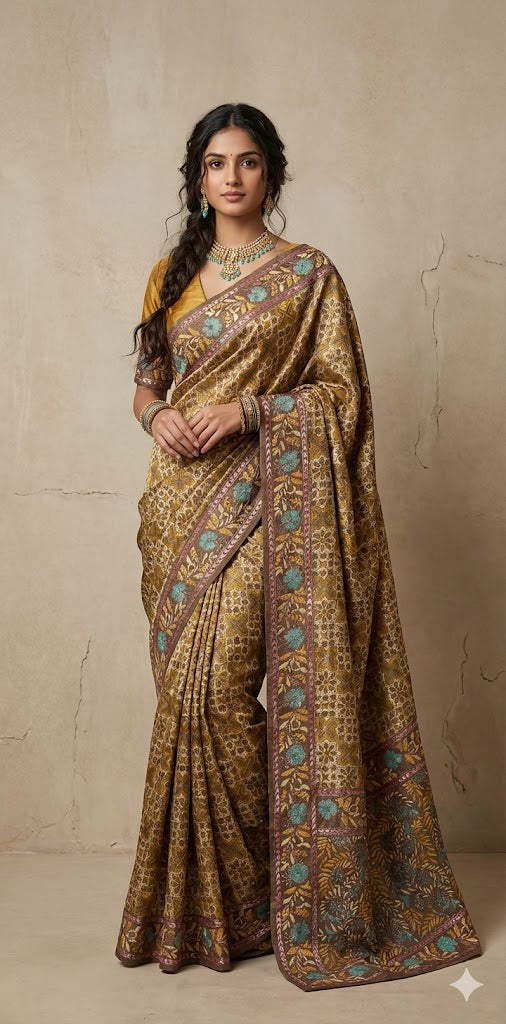 Pure tussar silk saree with Ajrakh hand block print and hand embroidery, stitched blouse
