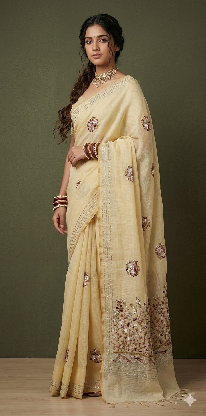 Soft linen tissue saree with handwork, with BP