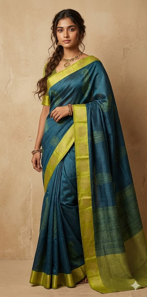 Printed blended tussar silk saree with hand work and stitched blouse