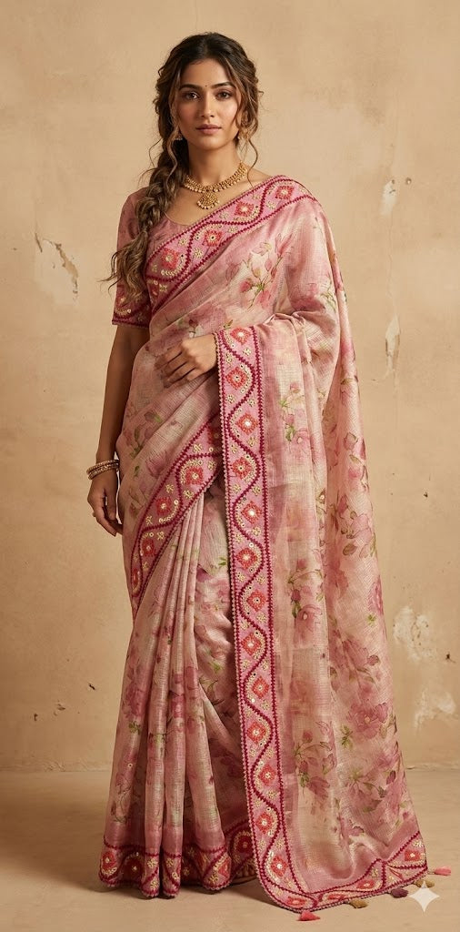Tissue kotta saree with kutch work border and stitched blouse