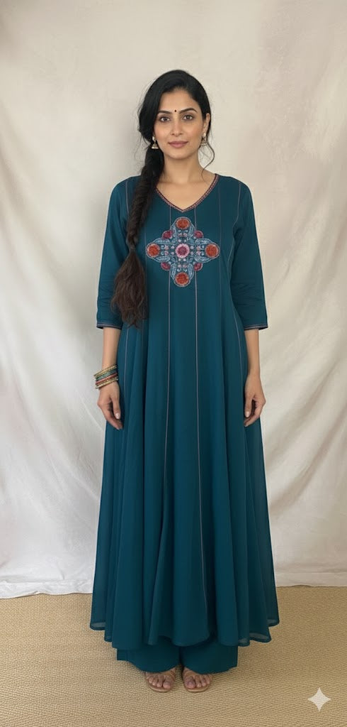 Blue anarkali kurta with dupatta and bottom