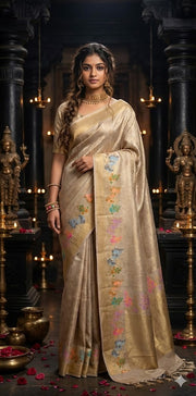 Beige tussar brocade saree with meenakari weave, stitched blluse