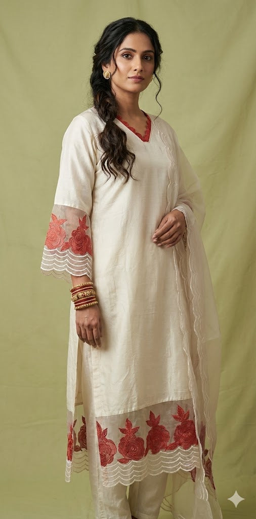 Off white chanderi cotton silk kurti set with patch work