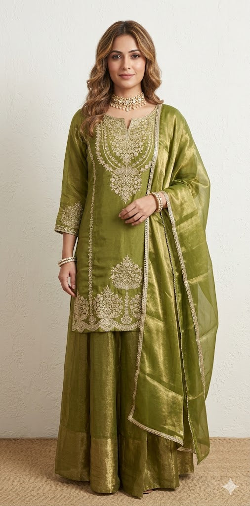 Tissue crepe silk short kurti with Palazzo and dupatta