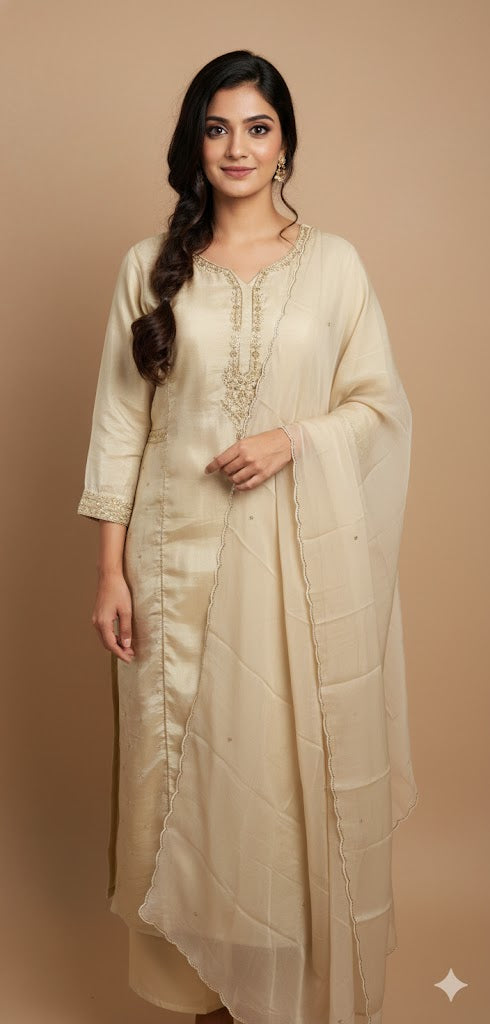 Cream color cotton silk kurti with handwork , comes with bottom and dupatta