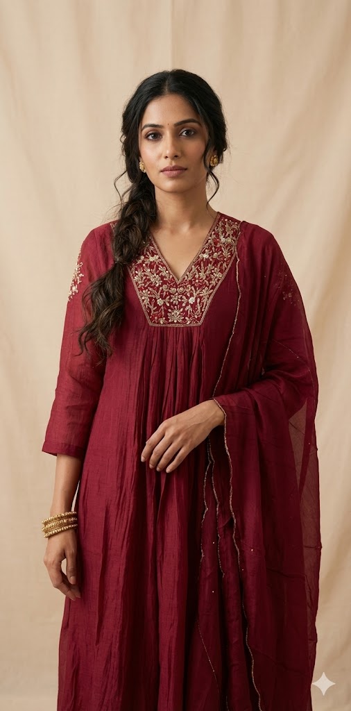 Reddish Maroon Chanderi silk kurti set with hand embroideri