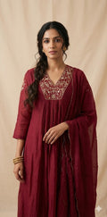 Reddish Maroon Chanderi silk kurti set with hand embroideri