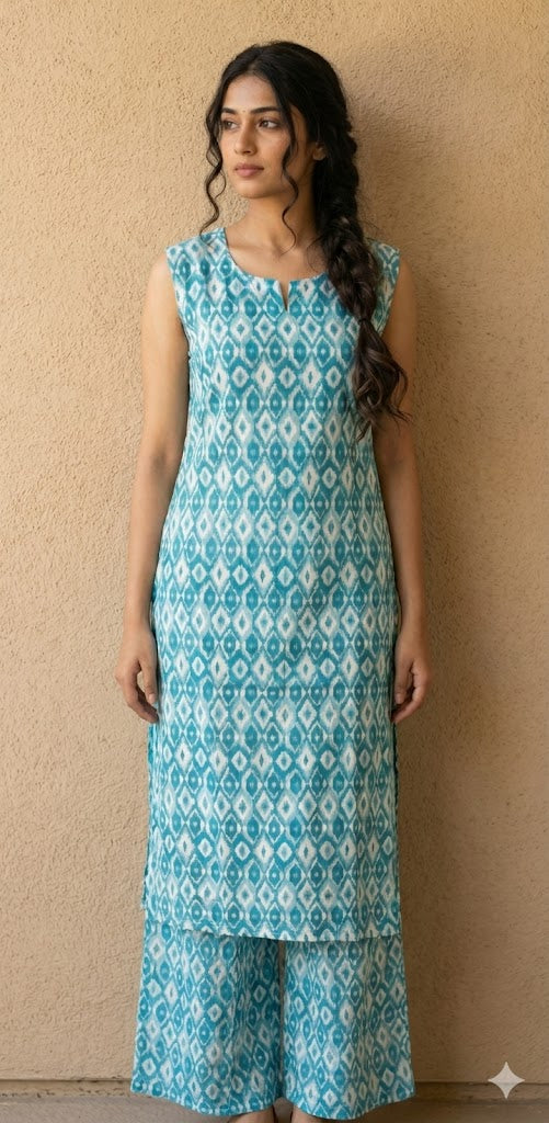 Light blue ikkat print cotton cord set