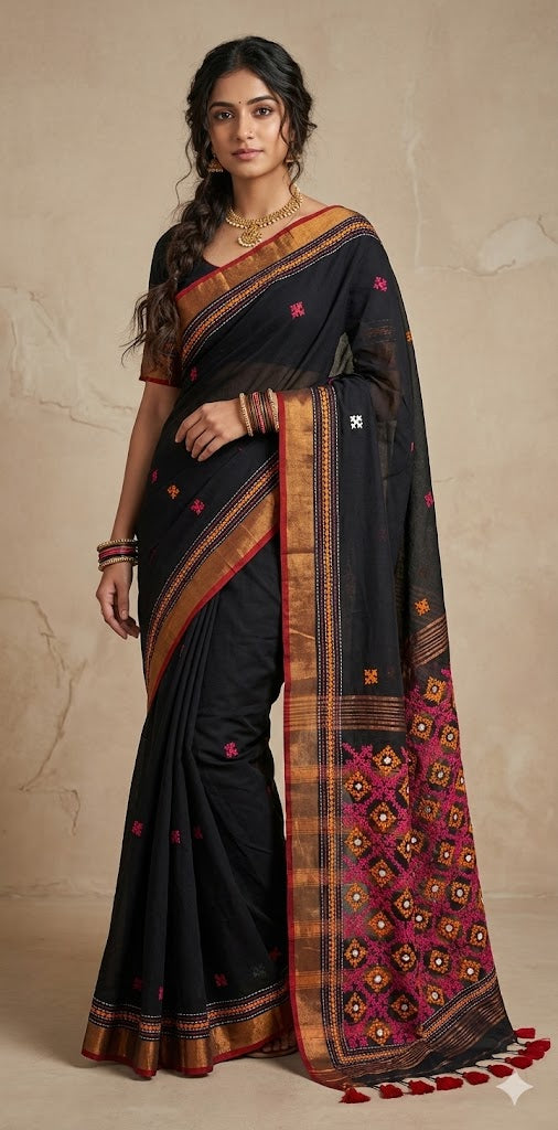 Black cotton saree with kutch work and stitched blouse