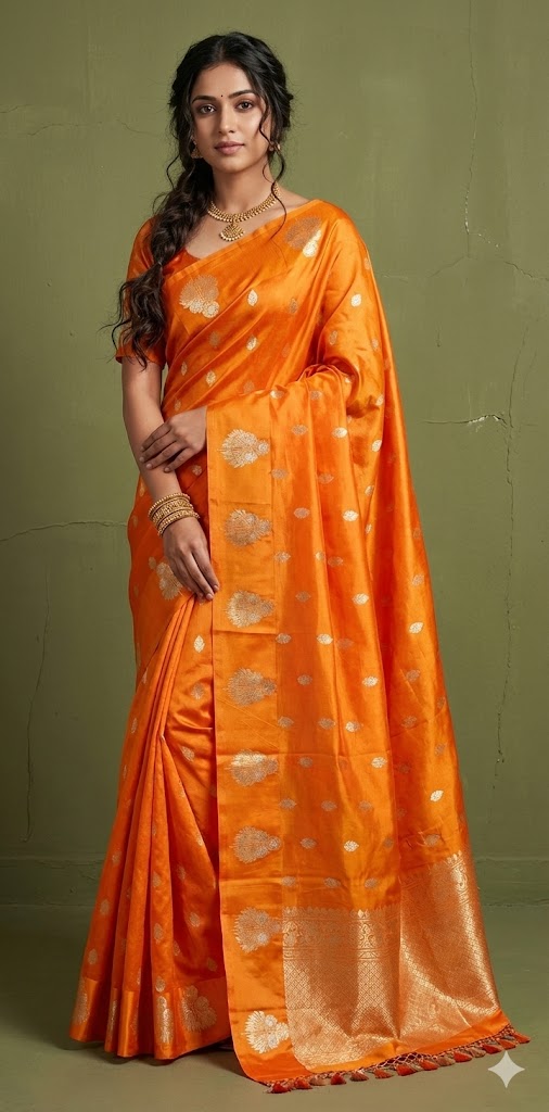 Orange pure raw mango silk saree with stitched blouse