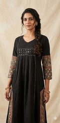 Black kurti with real mirror and Ajrakh patch work