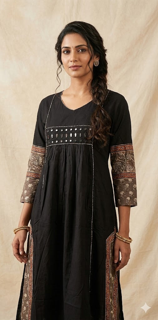 Black kurti with real mirror and Ajrakh patch work