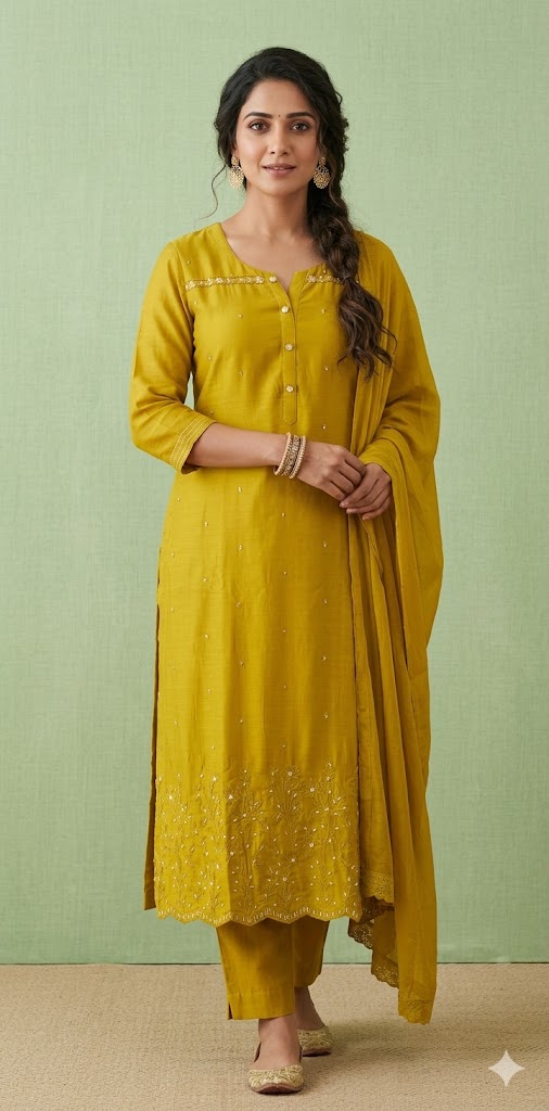 Mustard yellow kurti with bottom and dupatta