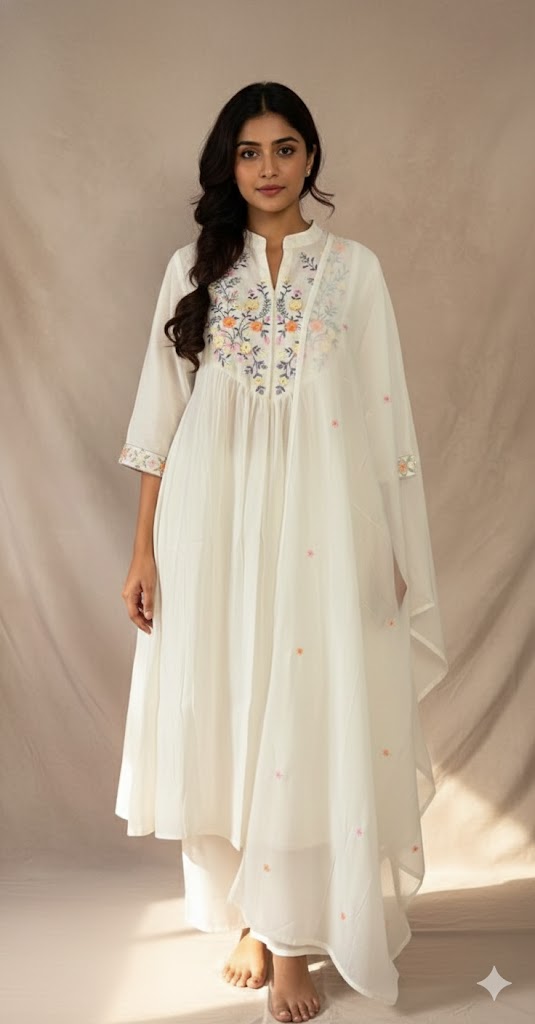 Off white chanderi silk Kurti with bottom and dupatta
