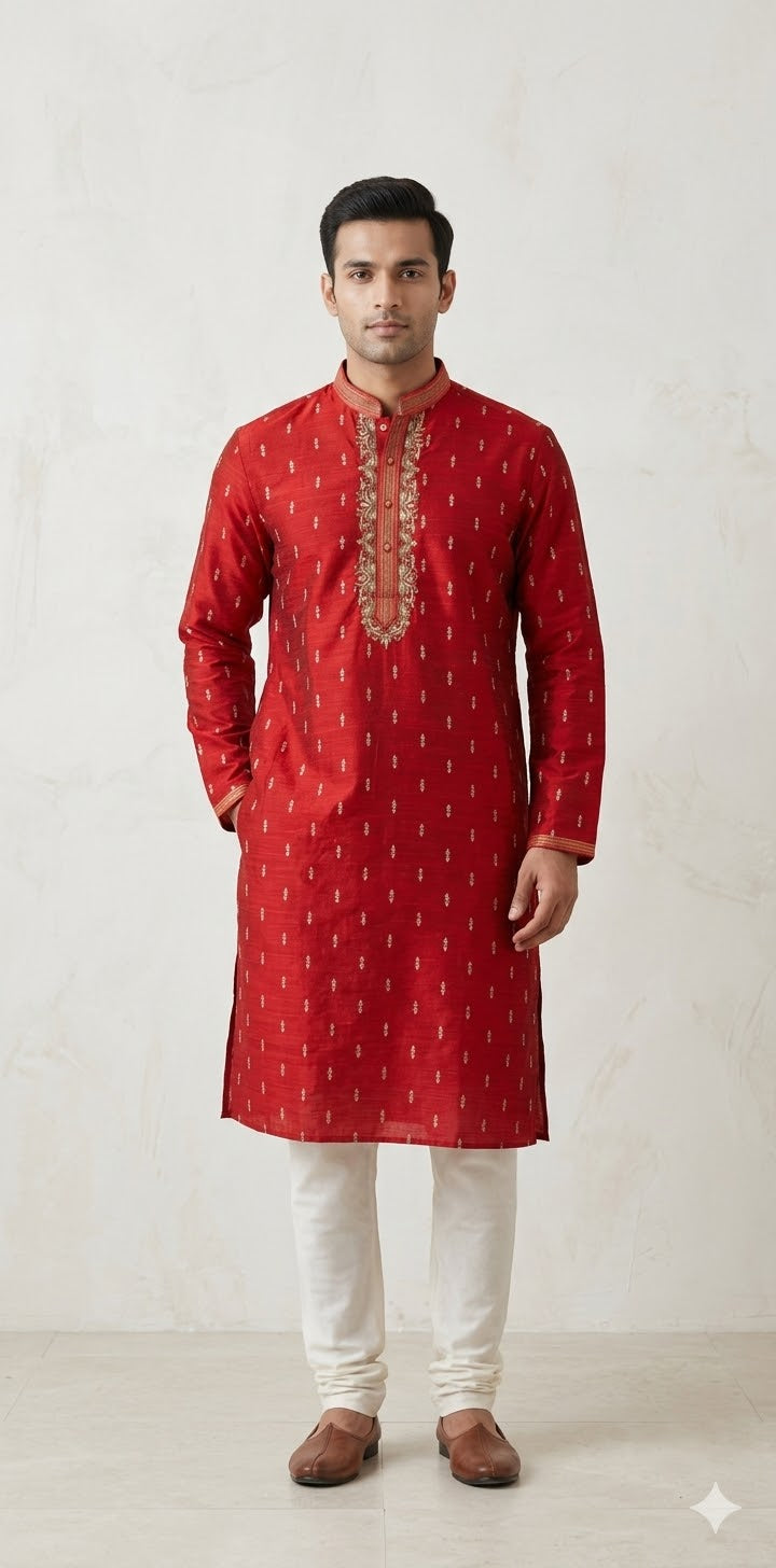 Red Silk kurta with zardosi hand work