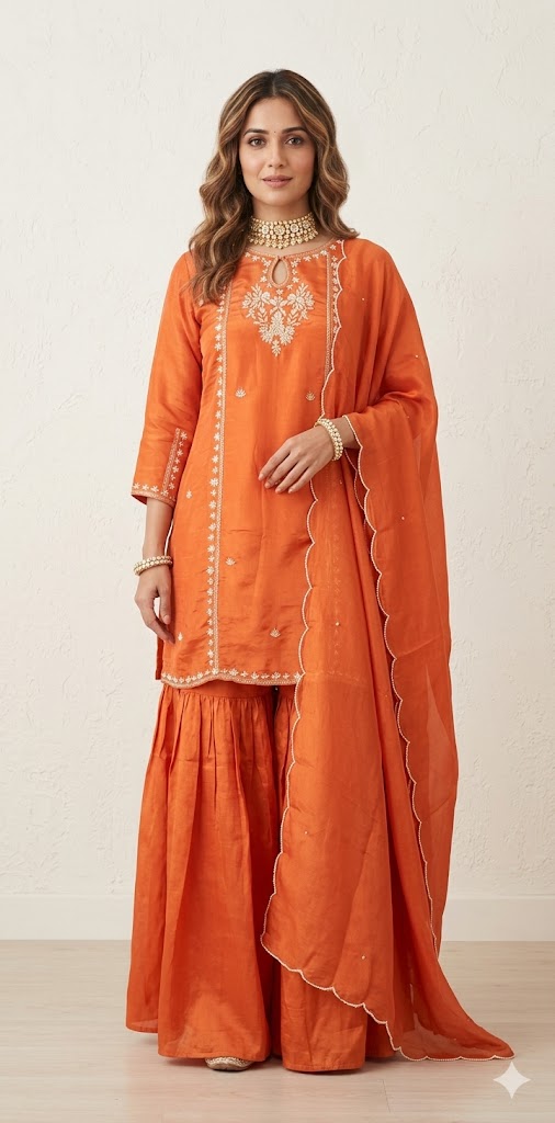 Tissue crepe silk short kurti with gharah and dupatta